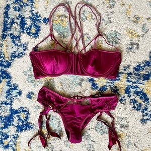 Coco De Mer Silk Satin Luxury Purple Half Cup Bra and Suspender Bikini